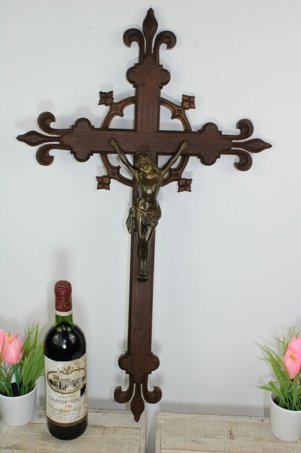 Antique XL black forest neo gothic wood carved crucifix bronze christ