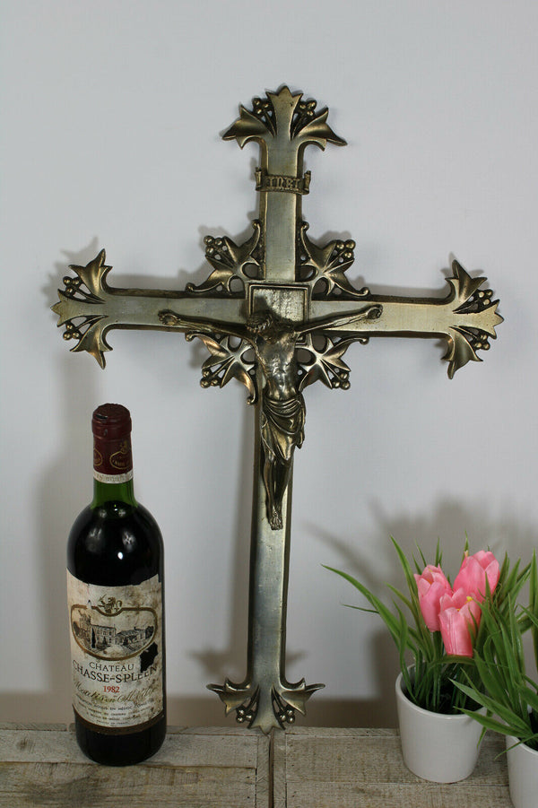 Antique French bronze silver patina Wall crucifix cross rare