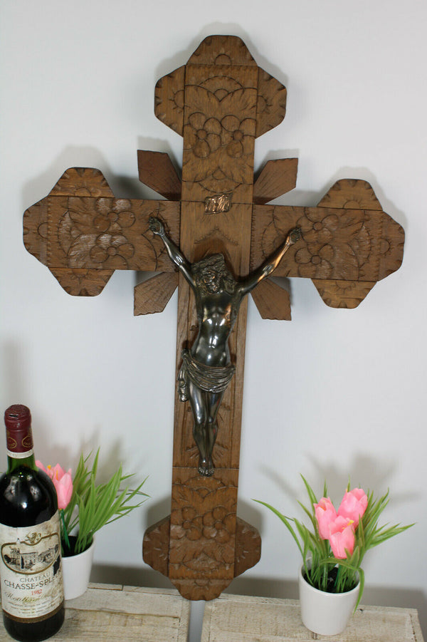 LARGE antique wood carved crucifix cross religious