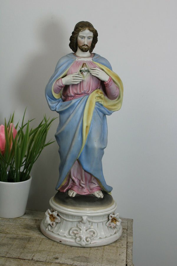 Antique Vieux andenne porcelain soft pastel sacred heart christ statue figurine