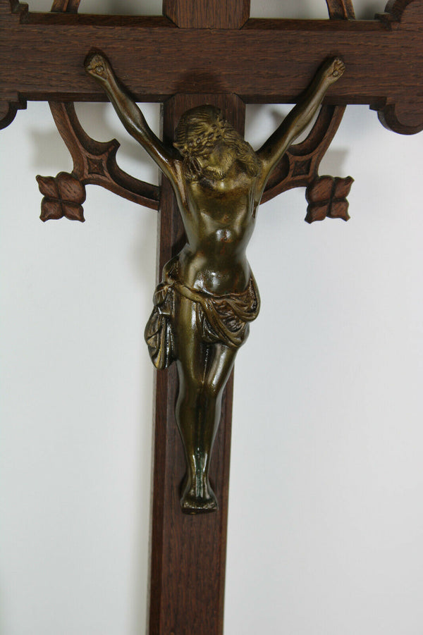 Antique XL black forest neo gothic wood carved crucifix bronze christ