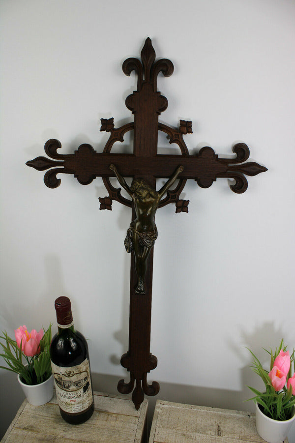 Antique XL black forest neo gothic wood carved crucifix bronze christ