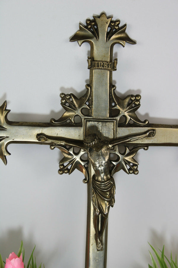 Antique French bronze silver patina Wall crucifix cross rare