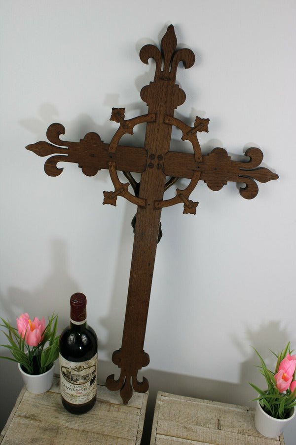 Antique XL black forest neo gothic wood carved crucifix bronze christ