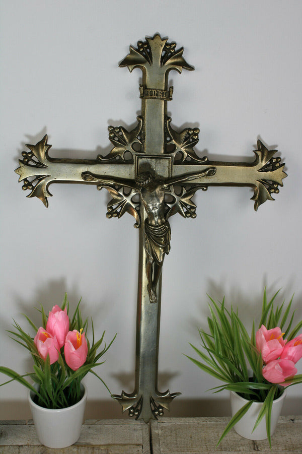 Antique French bronze silver patina Wall crucifix cross rare