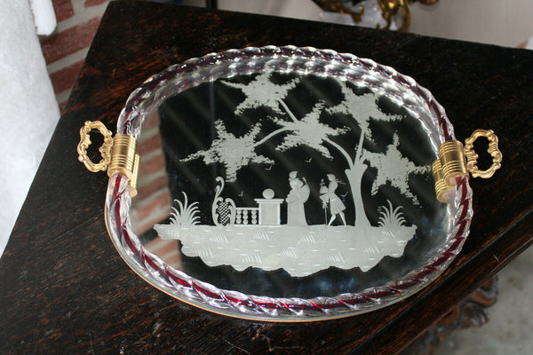 Vintage italian 1970 barovier Murano etched mirror Glass serving tray plate