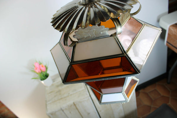 French art deco 1960 Lantern hall Amber white glass panels lamp chandelier