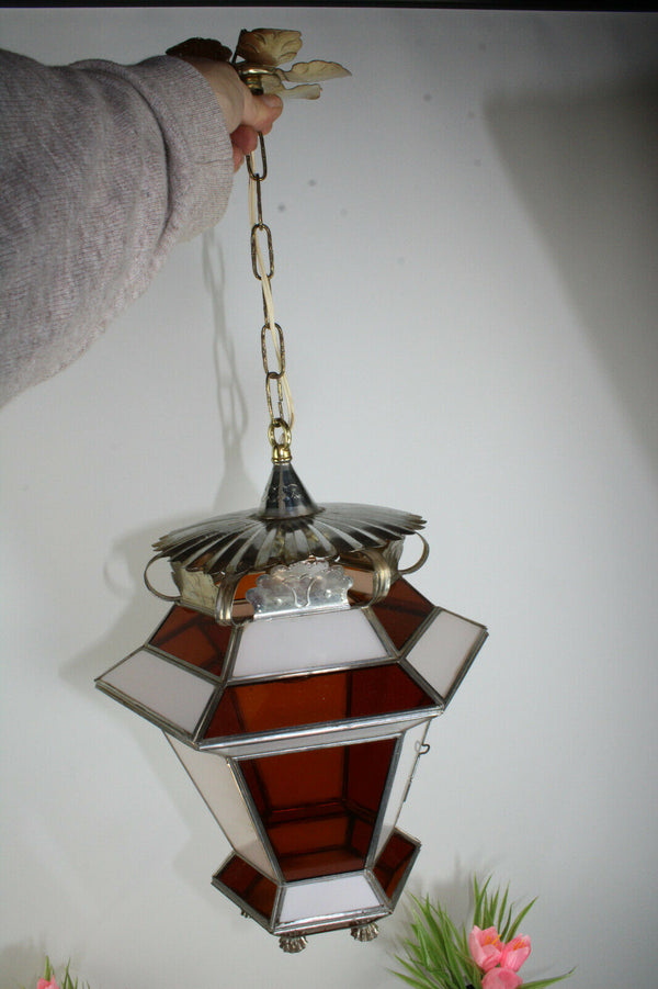 French art deco 1960 Lantern hall Amber white glass panels lamp chandelier