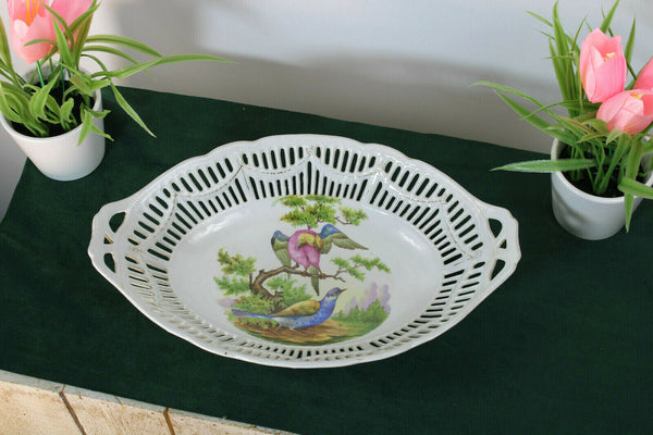 Antique french porcelain faience birds decor Bread basket tray