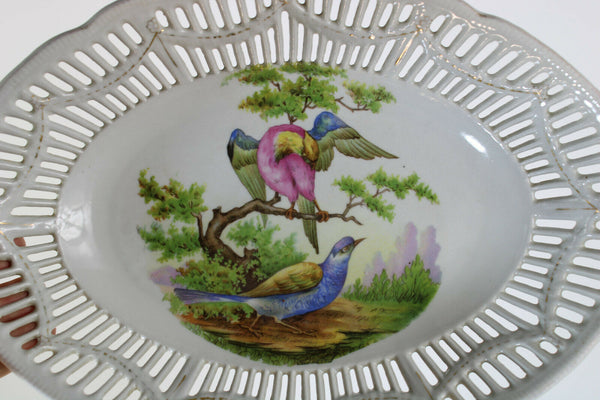 Antique french porcelain faience birds decor Bread basket tray