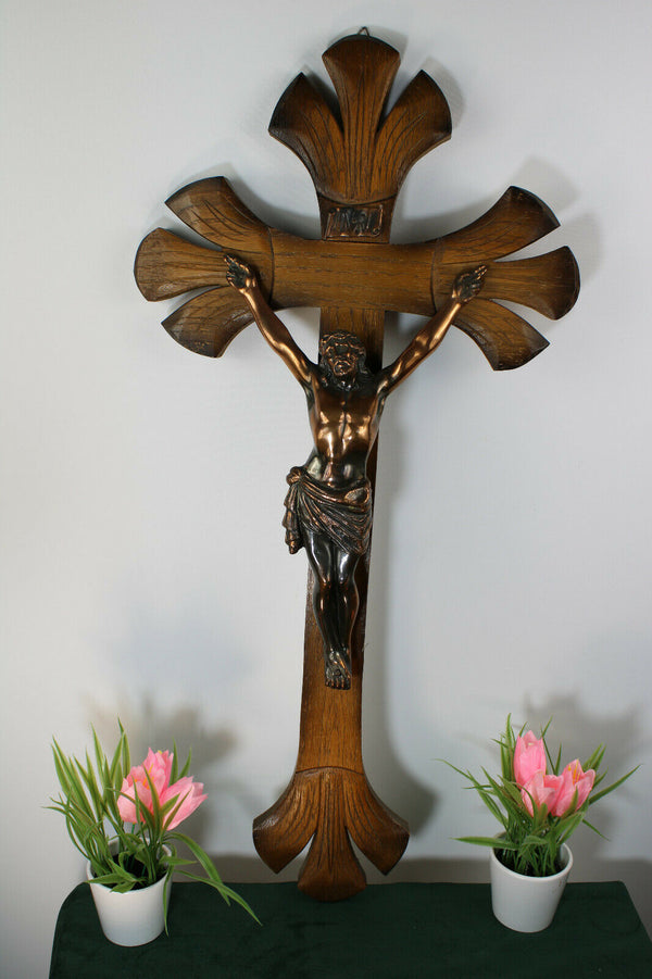 Antique XL french wood carved wall crucifix cross religious