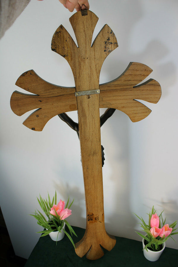 Antique XL french wood carved wall crucifix cross religious