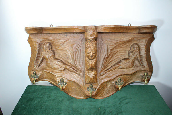 Rare antique art nouveau wall coat rack wood carved lady putti head