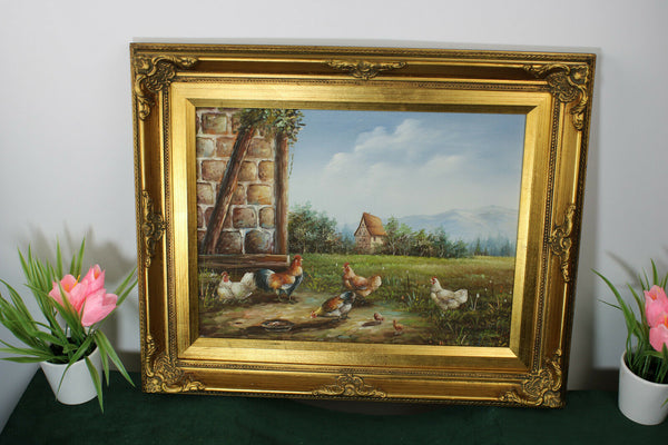 Vintage flemish oil canvas animal chicken rooster family  painting