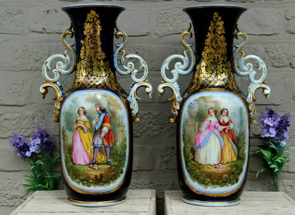 Antique pair French 19thc vieux paris hand paint romantic Vases rare