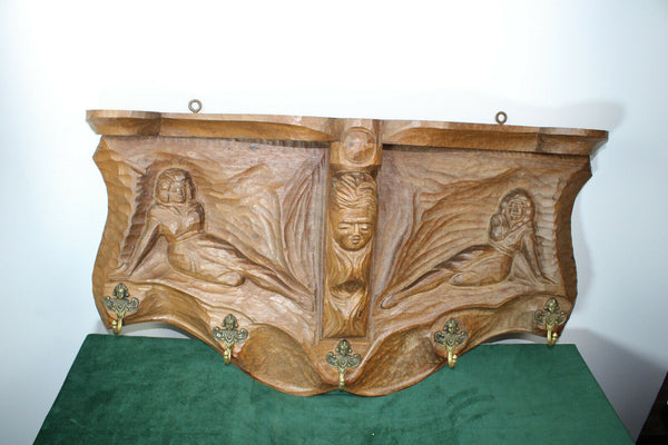 Rare antique art nouveau wall coat rack wood carved lady putti head