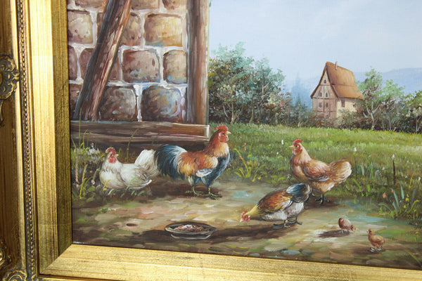 Vintage flemish oil canvas animal chicken rooster family  painting