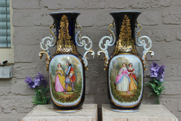 Antique pair French 19thc vieux paris hand paint romantic Vases rare