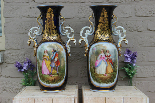 Antique pair French 19thc vieux paris hand paint romantic Vases rare