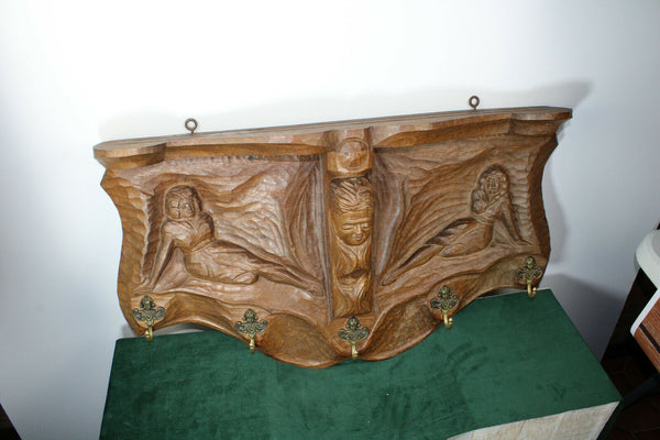 Rare antique art nouveau wall coat rack wood carved lady putti head