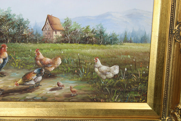 Vintage flemish oil canvas animal chicken rooster family  painting