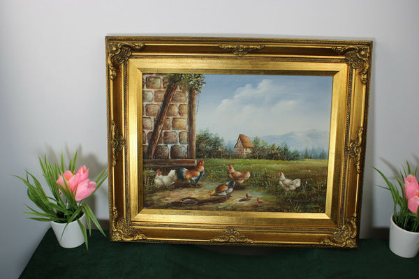 Vintage flemish oil canvas animal chicken rooster family  painting