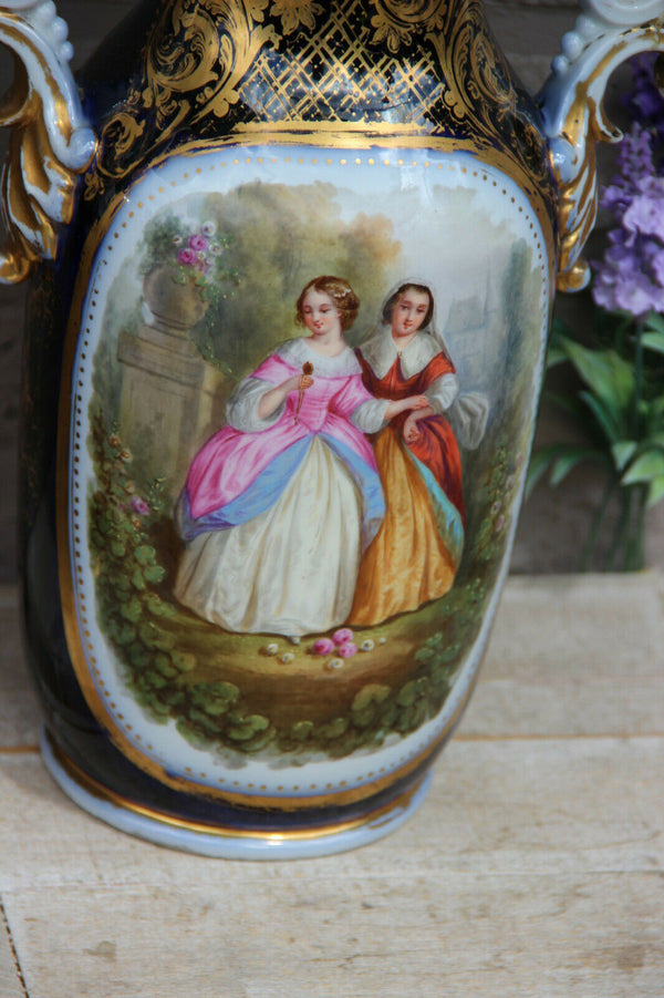 Antique pair French 19thc vieux paris hand paint romantic Vases rare