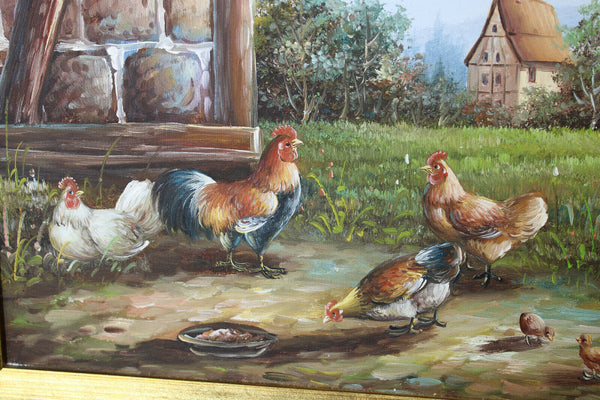 Vintage flemish oil canvas animal chicken rooster family  painting