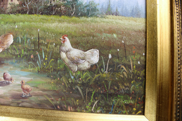 Vintage flemish oil canvas animal chicken rooster family  painting