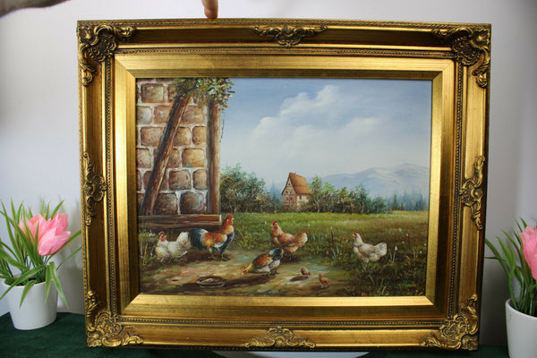 Vintage flemish oil canvas animal chicken rooster family  painting