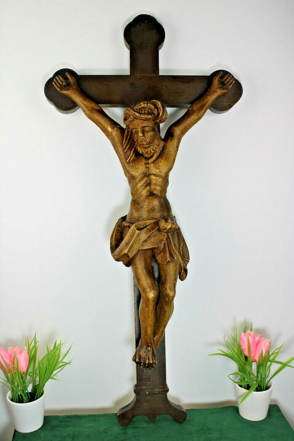 XL antique 33.4" Wood carved patinated Christ crucifix cross religious