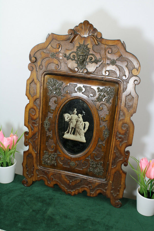 Antique rare oak wood carved Apothecary wall cabinet Lion head