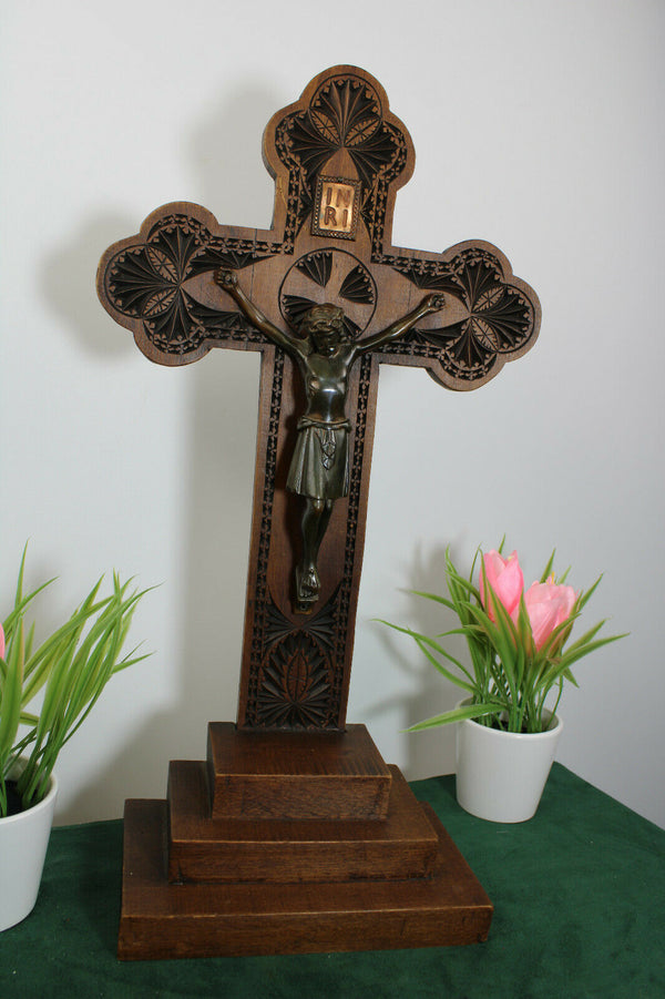 Antique dutch frisian wood carved crucifix cross religious cross