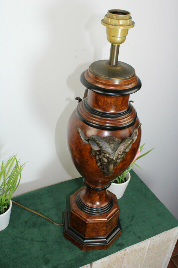 Gorgeous French spelter metal empire design ram heads table lamp 1960