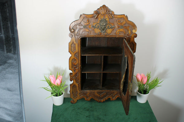 Antique rare oak wood carved Apothecary wall cabinet Lion head