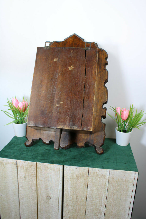 Antique rare oak wood carved Apothecary wall cabinet Lion head