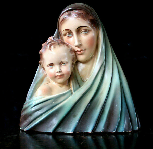 Antique Art deco French chalkware bust madonna child statue religious