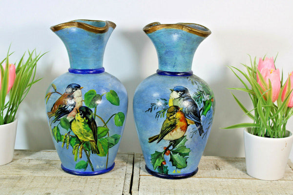 PAIR antique french ceramic hand paint birds Vases