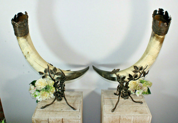 Majestical PAIR Antique cornucopia cast iron horn statue Art nouveau