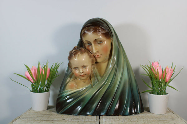 Antique Art deco French chalkware bust madonna child statue religious