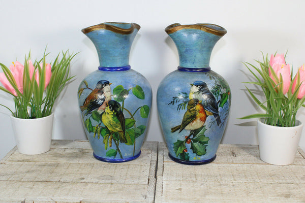 PAIR antique french ceramic hand paint birds Vases