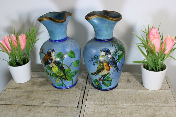 PAIR antique french ceramic hand paint birds Vases