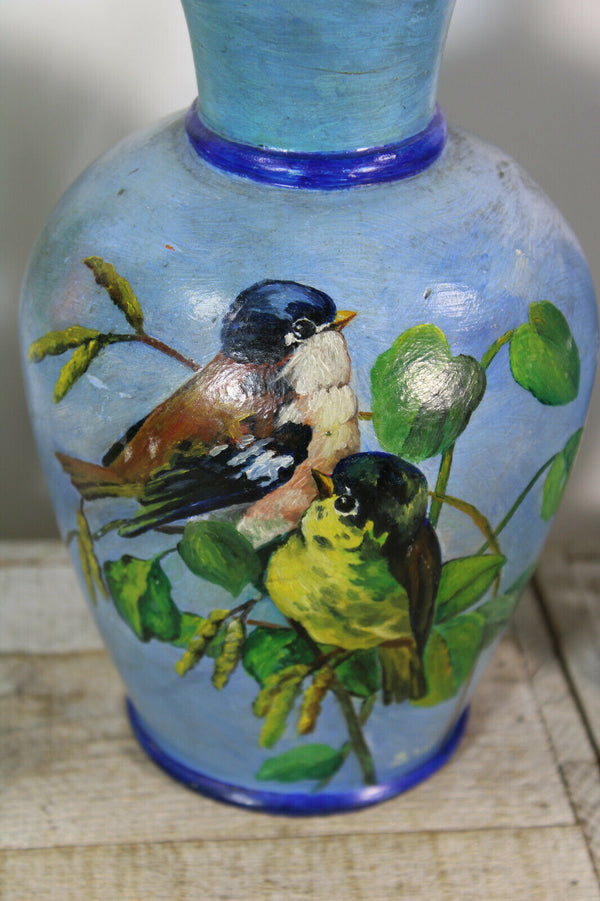 PAIR antique french ceramic hand paint birds Vases