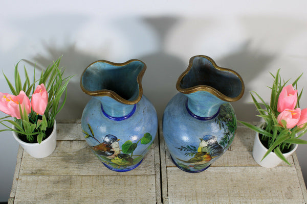 PAIR antique french ceramic hand paint birds Vases