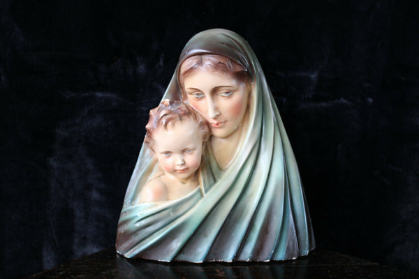 Antique Art deco French chalkware bust madonna child statue religious