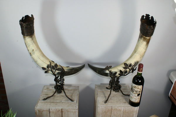 Majestical PAIR Antique cornucopia cast iron horn statue Art nouveau