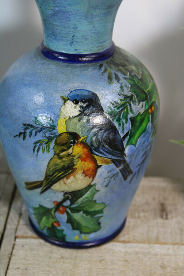 PAIR antique french ceramic hand paint birds Vases