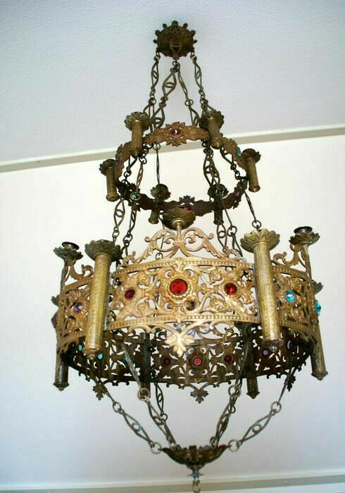 Antique church neo gothic brass religious chandelier candle holder Lamp stones