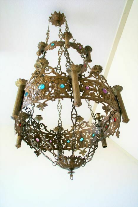 Antique church neo gothic brass religious chandelier candle holder Lamp stones