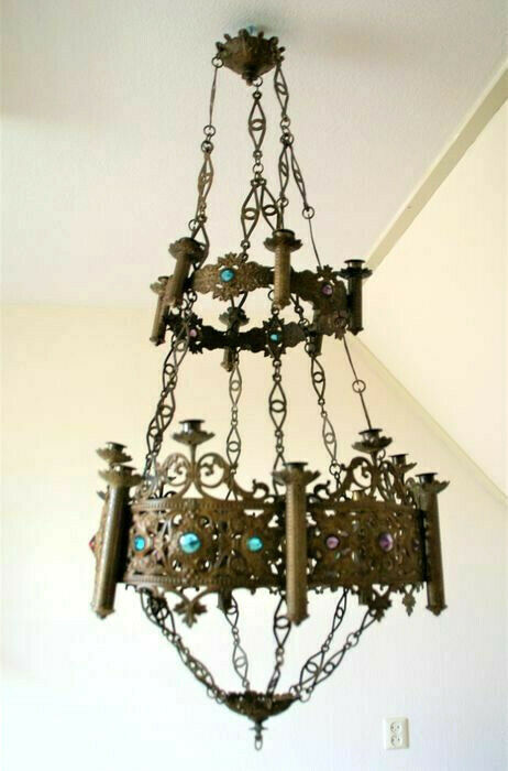 Antique church neo gothic brass religious chandelier candle holder Lamp stones